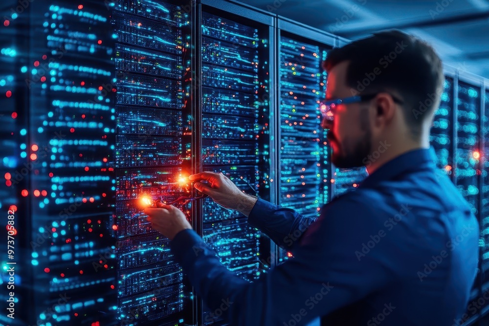 Poster a bustling server room with a network engineer troubleshooting glowing servers, cables radiating neo