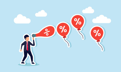 A businessman blowing a discount balloon, an illustration of a discount party, price cuts, and special offers for specific business events