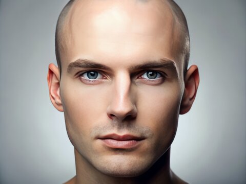 A close-up portrait of a smooth, rounded forehead, devoid of eyebrows, with a subtle, gentle expression, conveying a