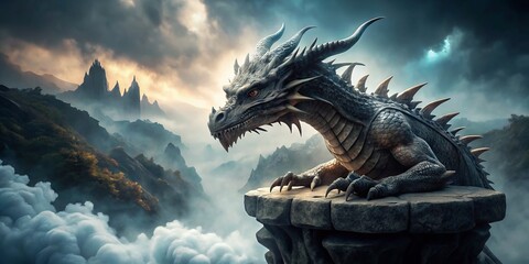 Fototapeta premium A close-up shot of a fantasy dragon's razor-sharp, scaly talons gripping a misty, ancient-looking stone pedestal,