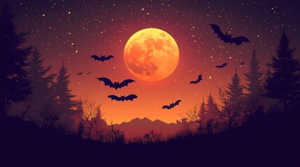 A full orange moon illuminates a starry night with silhouetted bats flying through the sky and dark trees in the foreground, creating a spooky Halloween scene.