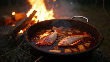 Fototapeta premium Delicious fish stew cooking over a campfire