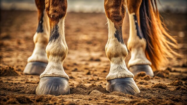 A close-up shot of a horse's hooves, intricately detailed with ridges, creases, and subtle textures, set against a
