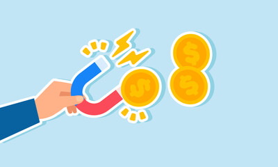 A businessman hand holding a magnet trying to pull dollar coins, an illustration of business strategies to attract investors or gain profit through promotions and tactics
