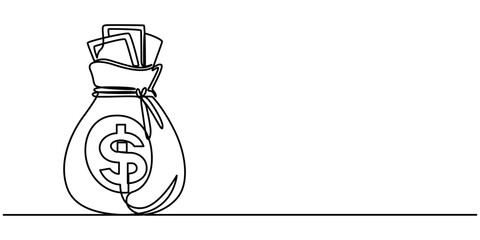 Continuous one line drawing of money bag. One line drawing illustration of money bag. Business icon. Money saving concept continuous line art. Editable outline, Bag with coins one line continuous