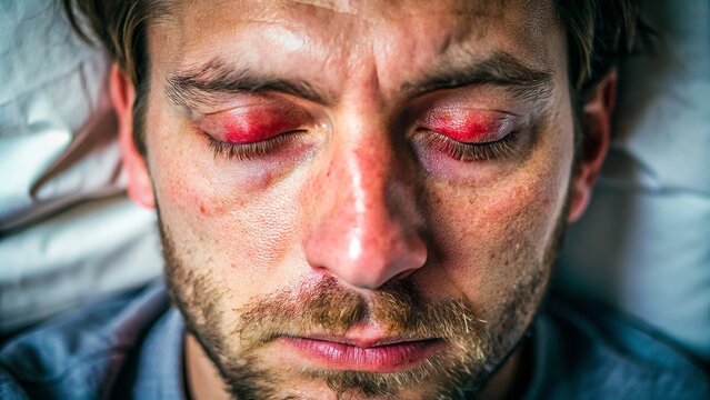 A close-up shot of a tired, sleep-deprived face with puffy, red, and itchy eyes, conveying fatigue, exhaustion, and