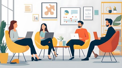 Four People Working on Laptops in a Modern Office Setting