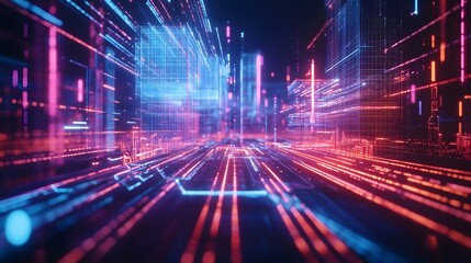 A futuristic cityscape rendered with neon lights and glowing lines