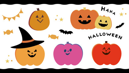 ハロウィンかぼちゃのイラスト素材セット オレンジ系