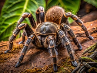 A close-up view of a dark brown Missouri tarantula's shiny body and intricate leg patterns, set against a
