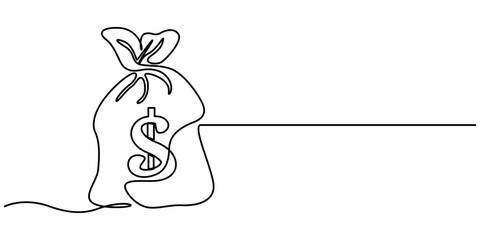 Continuous one line drawing of money bag. One line drawing illustration of money bag. Business icon. Money saving concept continuous line art. Editable outline, Bag with coins one line continuous