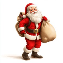 Fototapeta premium Santa carrying a sack, detailed fabric texture, cartoon style, bright colors, isolated on white background
