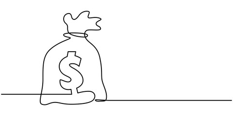Continuous one line drawing of money bag. One line drawing illustration of money bag. Business icon. Money saving concept continuous line art. Editable outline, Bag with coins one line continuous