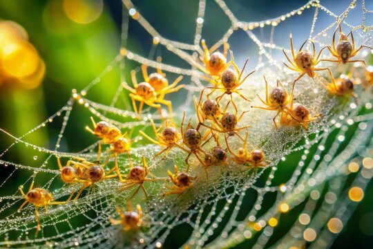 A cluster of tiny, intricate baby spiders, their delicate legs and bodies glistening with dew, cluster together on