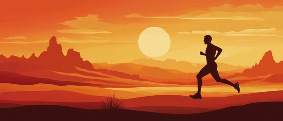 Silhouette of a Runner at Sunset in a Desert Landscape with Mountains and a Vibrant Orange Sky