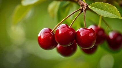  Bright red cherries hanging from a branch ready for picking