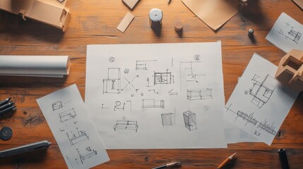 Hand-drawn sketches of furniture designs on a wooden table with pencils and other tools.