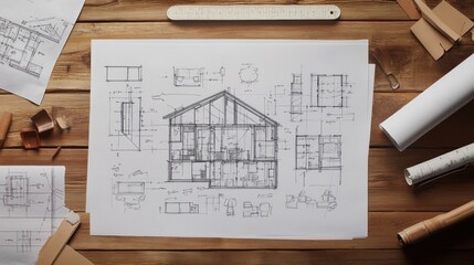 Hand drawn house plan and blueprints on a wooden table.