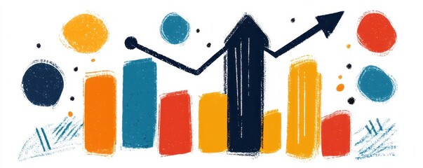 Abstract illustration of data analysis with colorful bars and arrows, representing growth and progress in business metrics.