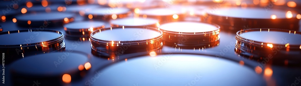Poster a captivating close-up of shimmering circular surfaces reflecting light, creating an artistic and mo