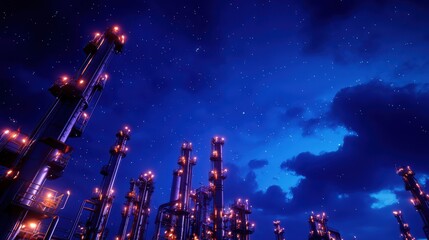 A captivating night sky filled with stars, illuminated by structures against a deep blue backdrop of clouds and twilight.