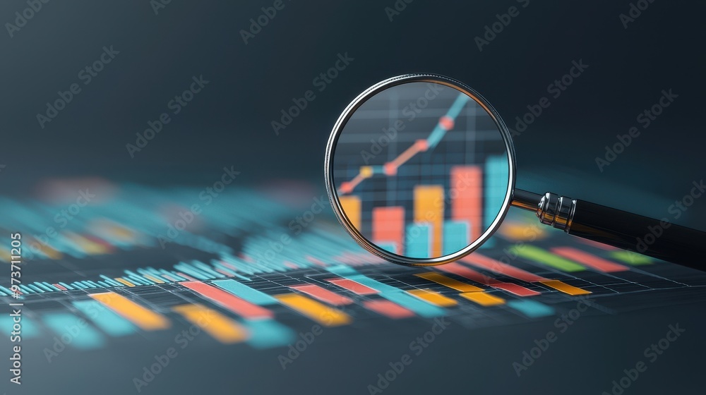 Poster a close-up of a magnifying glass analyzing a data chart with vibrant bars, symbolizing research and 