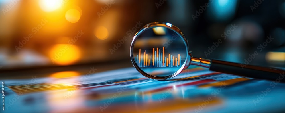 Poster a close-up of a magnifying glass focusing on colorful graphs, symbolizing analysis and data evaluati