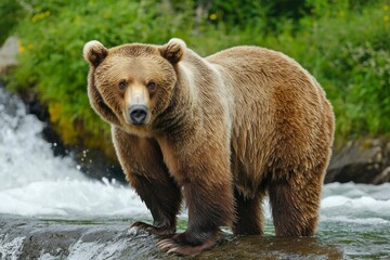 Fototapeta premium A Grizzly Bear Standing in a Swiftly Flowing Stream