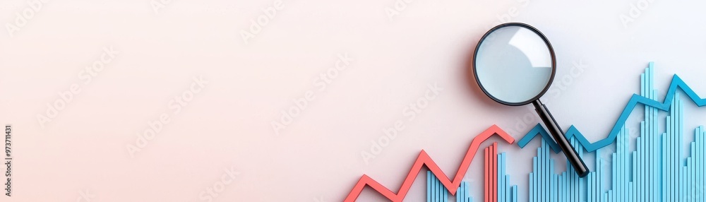 Poster a close-up view of a magnifying glass on a graph, illustrating analysis and insights into market tre