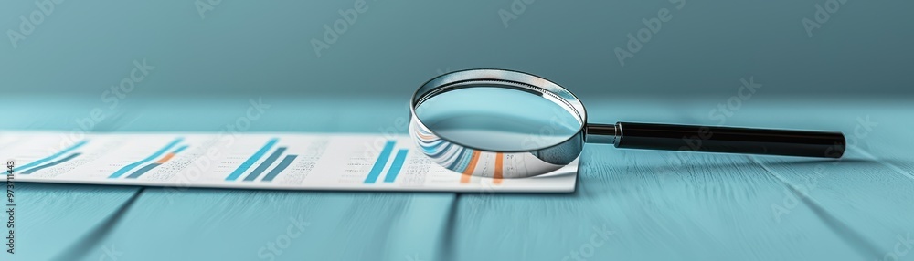 Poster a close-up view of a magnifying glass on a document with blue and orange graphs, representing analys