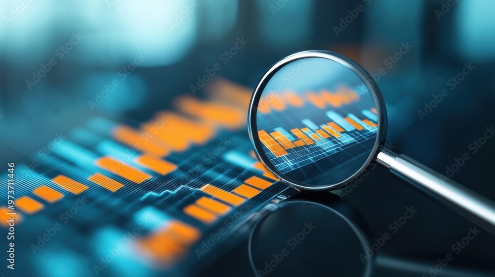 Poster a close-up view of a magnifying glass over a digital graph, symbolizing data analysis and financial 