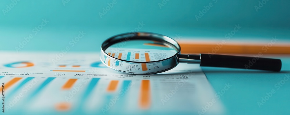 Poster a close-up view of a magnifying glass over printed charts and graphs, highlighting data analysis and
