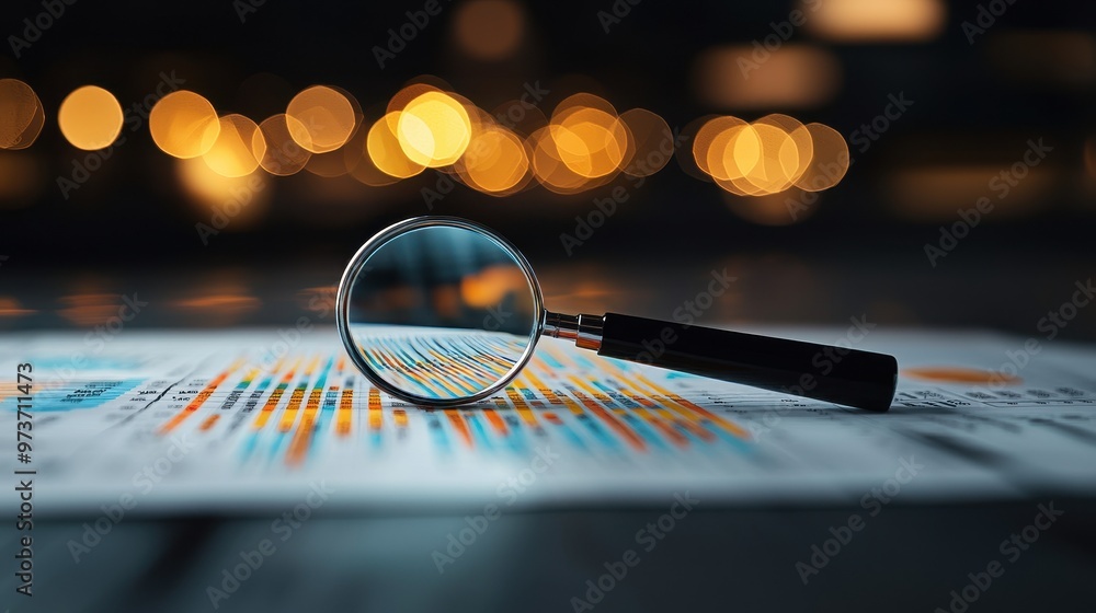Poster a close-up view of a magnifying glass resting on a document with colorful charts and graphs, surroun