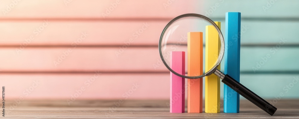 Poster a colorful bar graph under a magnifying glass, symbolizing analysis and growth in business metrics f