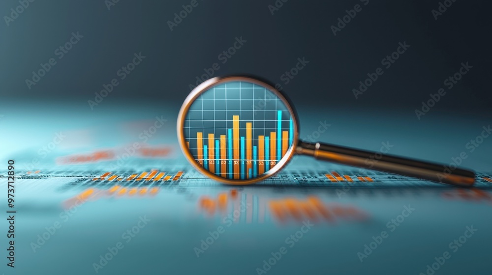 Poster a magnifying glass focusing on a colorful bar graph, symbolizing analysis and data insights in a pro