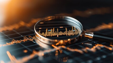 A magnifying glass focuses on a financial chart, revealing data trends and insights in a modern, digital environment.