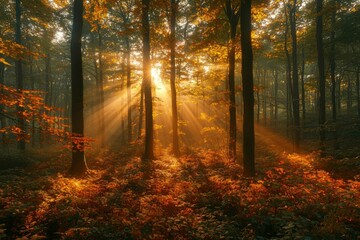 Obraz premium Sunbeams Illuminating a Misty Autumn Forest