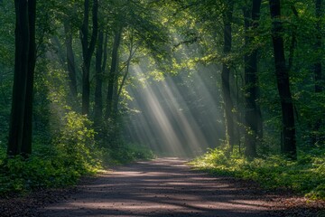 Sunbeams Illuminating a Path Through a Foggy Forest