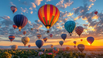 Obraz premium Colorful hot air balloons soaring in a vibrant sunset sky.