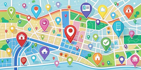 A colorful digital map with various expressive icons, markers, and symbols pinpointing locations, conveying a playful