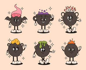 Groovy characters cauldrons with potion. Flat vector illustration.