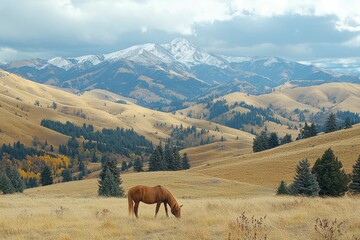 A Single Brown Horse Grazing in a Field of Golden Grass with Snow-Capped Mountains in the Distance