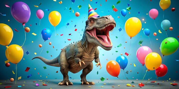 A colorful illustration of a happy, smiling Tyrannosaurus Rex wearing a party hat, surrounded by confetti and balloons,