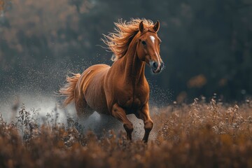 Obraz premium A Chestnut Horse Running Through a Field of Tall Grass