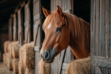 Obraz premium Close-up of a chestnut horse peering out of a stable stall