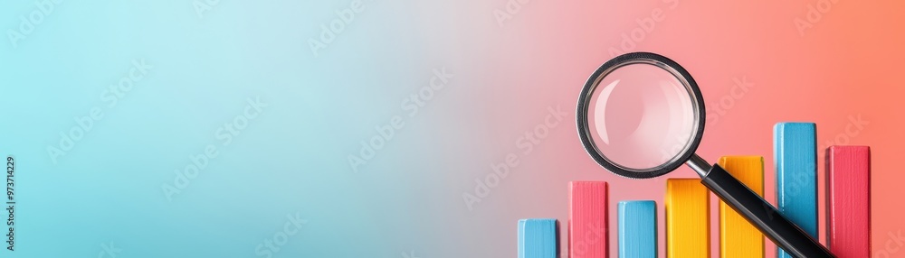 Poster a stylized representation of data analysis featuring colorful bar graphs and a magnifying glass, ide