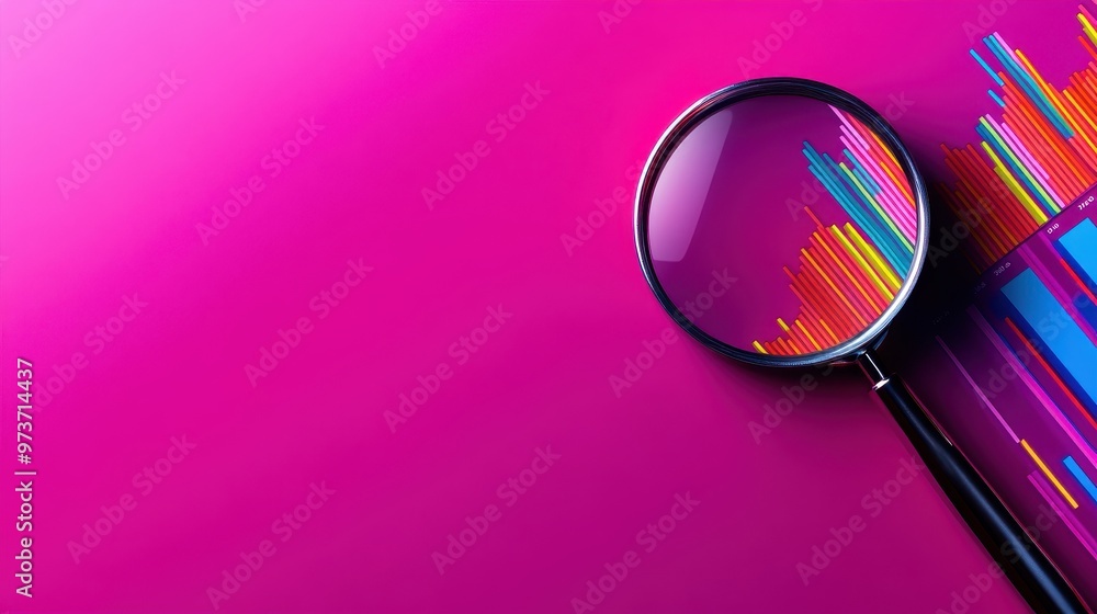 Poster a vibrant close-up of a magnifying glass over colorful data visualizations on a pink background, sym