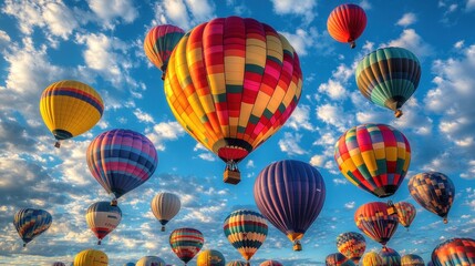 Obraz premium Colorful hot air balloons floating in a bright blue sky.