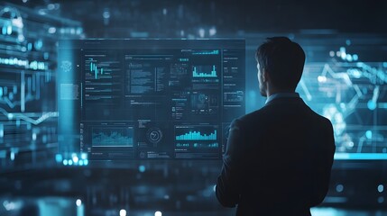 A Man Studying Data on a Large Screen With Blue Charts and Graphs