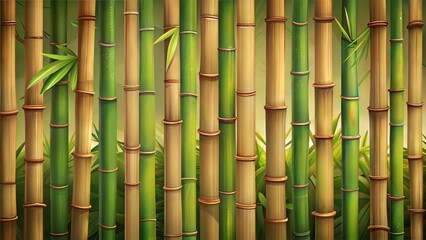 Vertical arrangement of bamboo stalks with green leaves in a lush natural setting